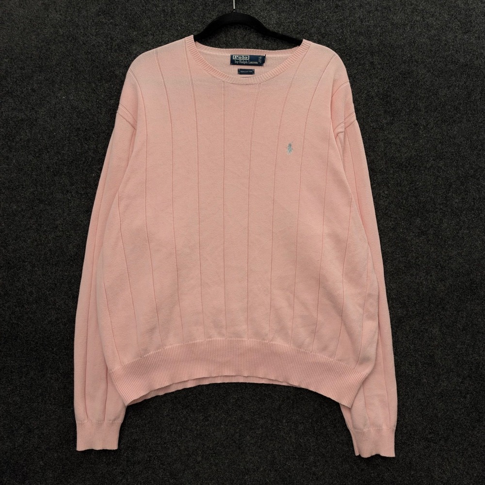 Vintage Polo Ralph Lauren Pink Cotton Ribbed Crewneck Sweater Mens Large Pony